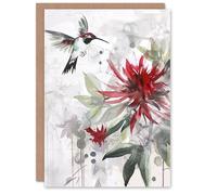 Artery8 Greeting Card Hummingbird Red Monarda Flowers Watercolour For Her Woman Birthday Card