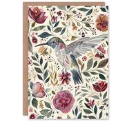 Artery8 Greeting Card Hummingbird with Rustic Flower Pattern Muted Tones For Her Woman Birthday Card
