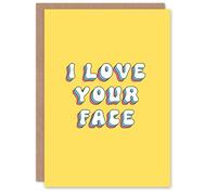 Artery8 Greeting Card I Love Your Face Bright Retro Yellow For Her Wife Woman Girlfriend Birthday Card