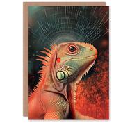 Artery8 Greeting Card Iguana Portrait Red Teal Blue Modern Abstract Blank For Him Or Her Art Birthday Card