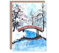 Artery8 Greeting Card Japanese River Bridge in Winter Forest Landscape Blank For Him Or Her Art Birthday Card