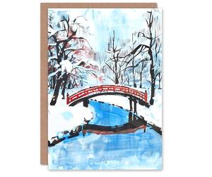 Artery8 Greeting Card Japanese River Bridge in Winter Forest Landscape Blank For Him Or Her Art Birthday Card