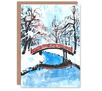 Artery8 Greeting Card Japanese River Bridge in Winter Forest Landscape Blank For Him Or Her Art Birthday Card