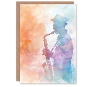 Artery8 Greeting Card Jazz Saxophonist Rainbow Smoke Light Watercolour Blank For All Him Or Her Art Birthday Card