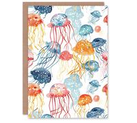Artery8 Greeting Card Jellyfish Blue Pink Orange Bright Watercolour Blank For Him Or Her Art Birthday Card