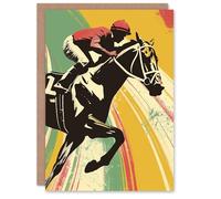 Artery8 Greeting Card Jockey on Race Horse Artwork Bold Colourful Pop Blank For All Him Or Her Art Birthday Card