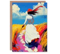 Artery8 Greeting Card Lady Walking Through Windy Wheat Field Landscape Blank For Him Or Her Art Birthday Card
