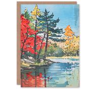 Artery8 Greeting Card Lake Forest Colourful Trees Japanese Woodblock Blank For Him Or Her Art Birthday Card