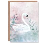 Artery8 Greeting Card Lake Swan Pink Green Light Watercolour Painting Blank For Her Woman Birthday Card