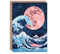 Artery8 Greeting Card Large Pink Full Moon Great Wave Surreal Painting Blank For Him Or Her Art Birthday Card