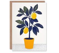 Artery8 Greeting Card Lemon Tree Plant Lover Yellow Blue Bright Simple Blank For Him Or Her Art Birthday Card