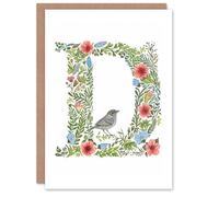 Artery8 Greeting Card Letter D in Flowers with Bird Garden Watercolour Floral Alphabet Florist For Her Birthday Mum Wife Woman Friend