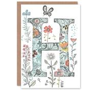 Artery8 Greeting Card Letter H Wildflower Garden Watercolour Butterfly Floral Alphabet Florist For Her Birthday Mum Wife Woman Friend