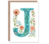 Artery8 Greeting Card Letter J in Watercolour Wildflowers Poppy Abstract Floral Alphabet Florist For Her Birthday Mum Wife Woman Friend