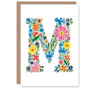 Artery8 Greeting Card Letter M in Bright Colourful Flowers Spring Garden Floral Alphabet Florist For Her Birthday Mum Wife Woman Friend