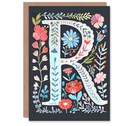Artery8 Greeting Card Letter R in Bright Watercolour Flowers Cute Floral Alphabet Florist For Her Birthday Mum Wife Woman Friend
