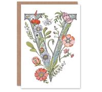 Artery8 Greeting Card Letter V Classic Watercolour Wildflowers Elegant Floral Alphabet Florist For Her Birthday Mum Wife Woman Friend