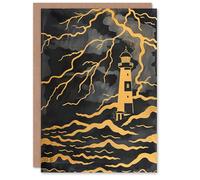 Artery8 Greeting Card Lighthouse Lightning Storm Gold Contrast Painting Blank For Him Or Her Art Birthday Card