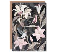 Artery8 Greeting Card Lily Flowers and Hummingbird Stylised Painting For Her Woman Birthday Card