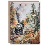Artery8 Greeting Card Locomotive Train on Autumn Forest Railway Track Blank For Him Or Her Art Birthday Card