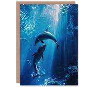 Artery8 Greeting Card Majestic Dolphins Marine Life Underwater Seascape in Blue Artery8 Blue