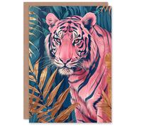 Artery8 Greeting Card Majestic Pink Tiger in Blue Gold Tropical Jungle Blank For Him Or Her Art Birthday Card