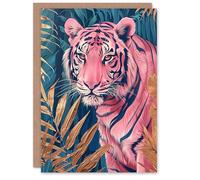 Artery8 Greeting Card Majestic Pink Tiger in Blue Gold Tropical Jungle Blank For Him Or Her Art Birthday Card