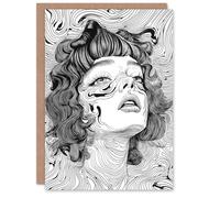 Artery8 Greeting Card Manic Pixie Girl Trippy Black White Line Portrait Blank For Him Or Her Art Birthday Card