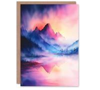 Artery8 Greeting Card Misty Mountain Forest Lake Sunset Sky Watercolour Blank For Him Or Her Art Birthday Card