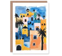 Artery8 Greeting Card Morocco African Cityscape Blue Orange Watercolour Blank For Him Or Her Art Birthday Card