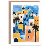 Artery8 Greeting Card Morocco African Cityscape Blue Orange Watercolour Blank For Him Or Her Art Birthday Card