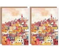 Artery8 Greeting Card Morocco Skyline Colourful Watercolour Cityscape Blank For Him Or Her Art Birthday Card (Pack of 2)