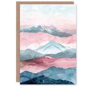 Artery8 Mountain Range Morning Fog Pink Blue Watercolour Birthday Art Card Artery8 Pink