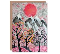 Artery8 Greeting Card Mountain Snow Peaks Pink Blossom Tree Japanese Blank For Him Or Her Art Birthday Card