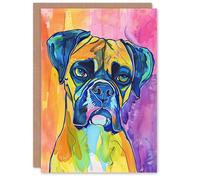 Artery8 Greeting Card Neon Rainbow Colour Boxer Dog Lover Pet Portrait For Her Woman Birthday Card