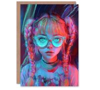 Artery8 Greeting Card Nerdy Girl Braid Pigtails Glasses Neon Pink Blue For Child Kids Birthday Card