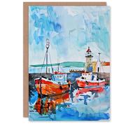 Artery8 Greeting Card Newhaven Lighthouse Fishing Boats Harbour Blank For Him Or Her Art Birthday Card