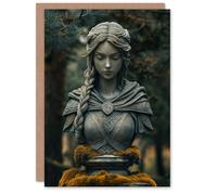 Artery8 Greeting Card Norse Shield Maiden Warrior Bust Statue in Forest Blank For Him Or Her Art Birthday Card