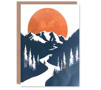 Artery8 Greeting Card Orange Full Moon Over Blue Mountain Hiking Trail Blank For Him Or Her Art Birthday Card