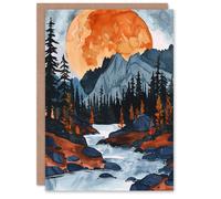 Artery8 Greeting Card Orange Harvest Moon Over Rocky Mountains Forest Blank For Him Or Her Art Birthday Card