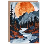 Artery8 Greeting Card Orange Harvest Moon Over Rocky Mountains Forest Blank For Him Or Her Art Birthday Card