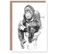 Artery8 Greeting Card Orangutan Ape On Toilet Funny Black White Drawing Blank For Him Or Her Art Birthday Card