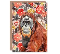 Artery8 Greeting Card Orangutan with Red Blooming Flowers Watercolour For Her Woman Birthday Card