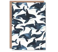 Artery8 Greeting Card Orca Killer Whale Bright Watercolour Pattern Blank For Him Or Her Art Birthday Card