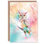 Artery8 Greeting Card Owl on Branch Portrait Pastel Rainbow Watercolour Blank For All Him Or Her Art Birthday Card