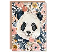 Artery8 Greeting Card Panda Bear Hiding in Spring Flowers Watercolour For Her Woman Birthday Card