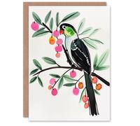 Artery8 Greeting Card Parrot Bird Pink Green Fruit Tree Branch Bright Blank For Him Or Her Art Birthday Card