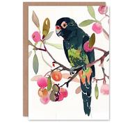 Artery8 Greeting Card Parrot Perched on Fruit Tree Branch Watercolour Blank For Him Or Her Art Birthday Card