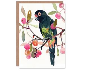 Artery8 Greeting Card Parrot Perched on Fruit Tree Branch Watercolour Blank For Him Or Her Art Birthday Card