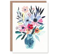 Artery8 Greeting Card Pastel Colour Boho Spring Flower Bouquet in Vase For Her Woman Birthday Card
